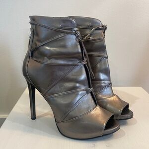 Guess Silver Metallic Peep Toe Tie Around Ankle Boot